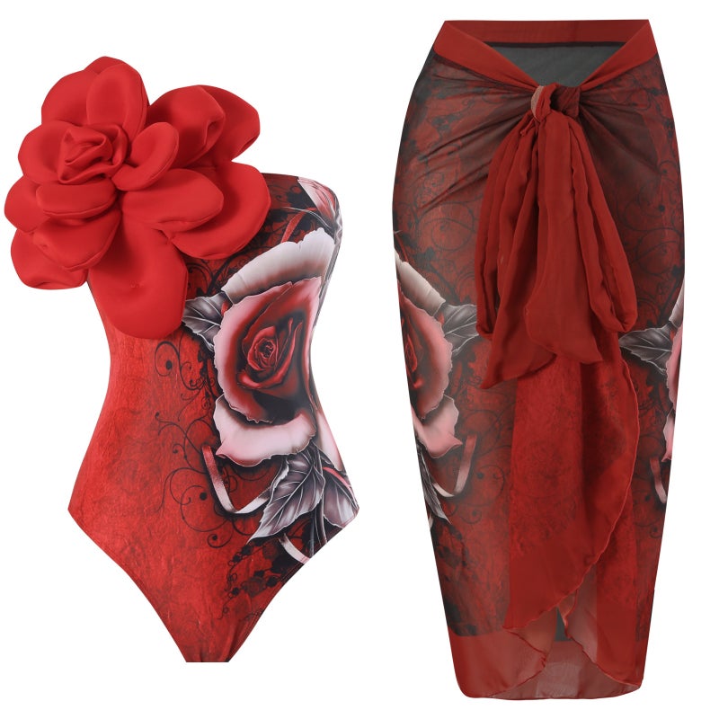 [ ] Multi-Color Conjoined Three-Dimensional Large Flower Tube Chest Slim Triangle Two-Piece Wrap Skirt - Image 1